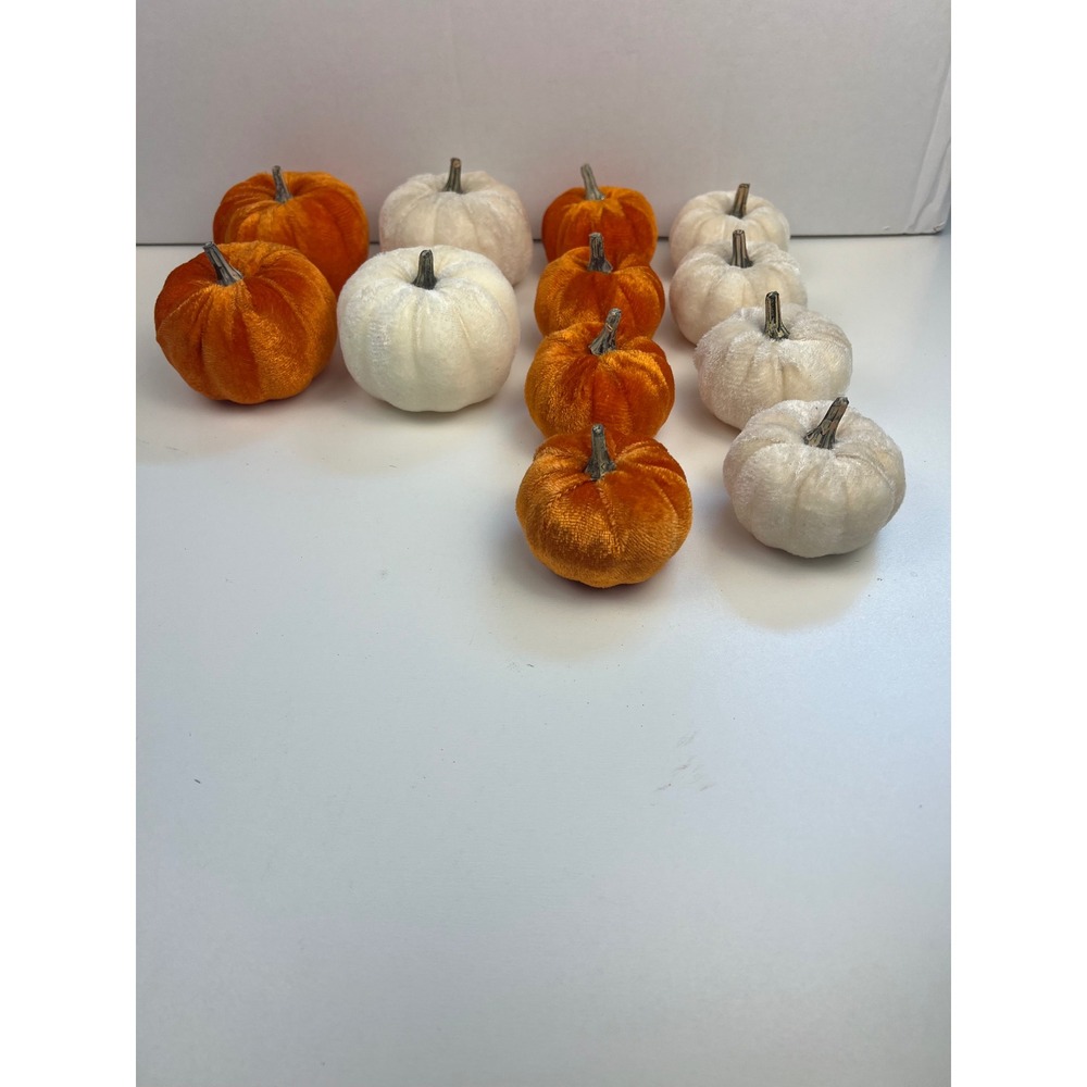 Set of 12 Velvet Pumpkins Fall Autumn Decor Orange White Miniature Faux Pumpkins